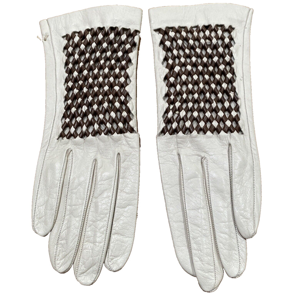 Vintage Ladies Size 7 Leather Gloves Cream & Brown Woven Leather Mid Century